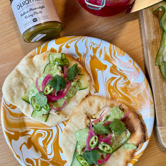 Indian Chicken Flatbreads with Herb Yoghurt Sauce